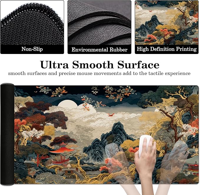 Chinese Style Desk Pad Protector, Stitched Edges Mouse Pad, Large Office Desk Mat, Non-Slip Desk Blotter, Laptop Desk Pad, Desk Writing Pad for Office and Home (31.5" x 15.7")