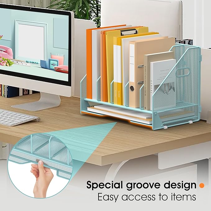 Desk File Folder Holder Organizer-5 Vertical Compartments Racks and Paper Letter Tray,Mesh Magazine File Holder Sorter,Desktop Accessories & Workspace Organizers for Home,Office,School-Blue