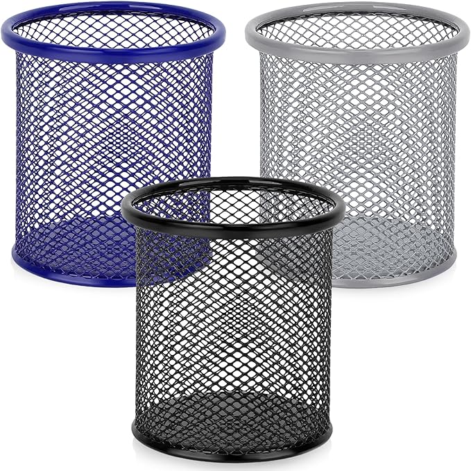 Segarty Pen Cup, 3 Pack Assorted Colors Round Pen Holder for Desk, Wire Mesh Pencil Cups Holder Desktop Accessories Organizer for Office Supplies, School, Home, Makeup Brush (Black Silver Dark Blue)