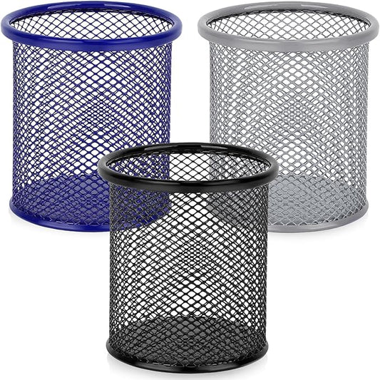 Segarty Pen Cup, 3 Pack Assorted Colors Round Pen Holder for Desk, Wire Mesh Pencil Cups Holder Desktop Accessories Organizer for Office Supplies, School, Home, Makeup Brush (Black Silver Dark Blue)