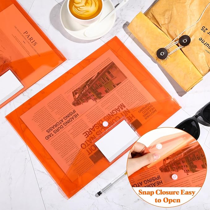 Lincia 24 Pcs Plastic Envelopes A4 Size Poly Envelopes File Folders Work Document Holder Office Paper Plastic File Organizer with Label Pocket Snap Button Home Bag for School(Clear Orange)