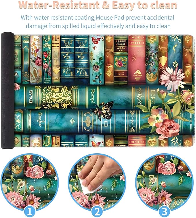 Desk Mat XL Mouse Pad + Coaster, Large Gaming Mouse Pad (31.5x11.8 inch) with Stitched Edges, Extended Mouse Mat Keybroad Mousepad Non-Slip Rubber for Gamer Men Women, Magic Books Flowers