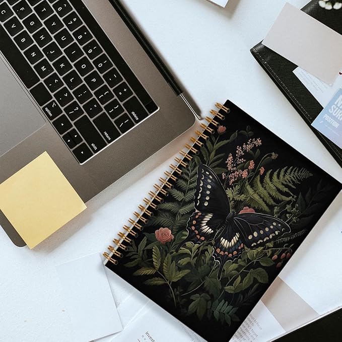 Dark Botanical Black Butterfly Notebook, Moody Floral Moth Journal for Women, Dark Academia Cottagecore Journal for Writing, Cottagecore Butterfly Spiral Notebook 5.5x8.3 Inch