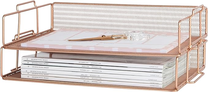 BLU MONACO Rose Gold Mesh Paper Tray – Set of 2 Stackable Letter Trays – Durable Metal Desk Organizer for Home, Office & School – Stylish Document Holder, File Storage, and Workspace Organizer