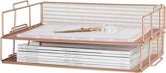 BLU MONACO Rose Gold Mesh Paper Tray – Set of 2 Stackable Letter Trays – Durable Metal Desk Organizer for Home, Office & School – Stylish Document Holder, File Storage, and Workspace Organizer