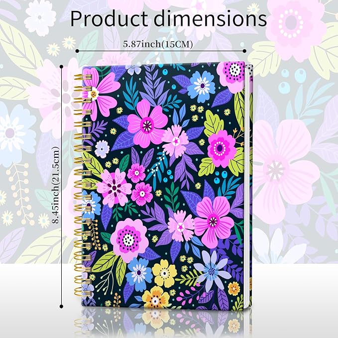 Spiral Journal Notebook, Hardcover Lined Journal for Women, Medium 6 x 8.4 in, 120 Pages Thick Paper, College Ruled Notebook for Writing, Work, Office, and School,Flower Purple