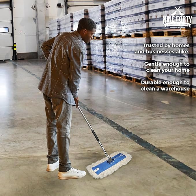 Nine Forty 36" Premium Cotton Dust Mop Kit - Heavy Duty Mop Head with Handle for Industrial, Commercial, and Residential Cleaning - Dry Floor Duster for Hardwood Surfaces - White