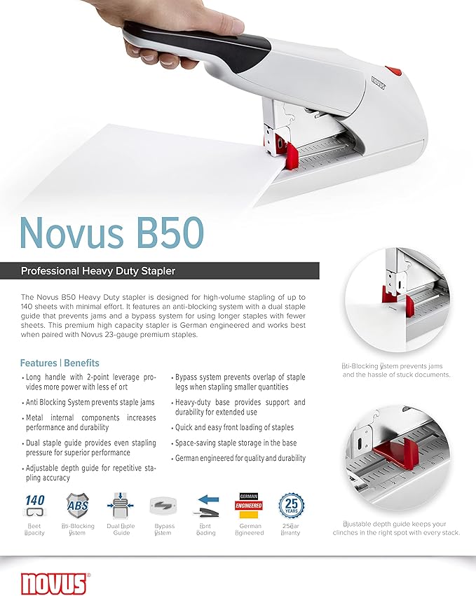 Novus B50 Heavy Duty Stapler, 140 Sheet Capacity, Anti-Jam, 3" Stapling Depth w/Adjustable Guide, Staple Bypass, German Engineered (023-0060)
