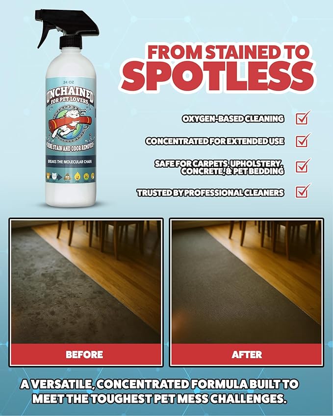 Truck Mount Forums Unchained Pet Urine Stain & Odor Remover Spray – Oxygen-Based Cleaner, Professional Strength for Carpets, Concrete, Furniture, Upholstery – 24oz