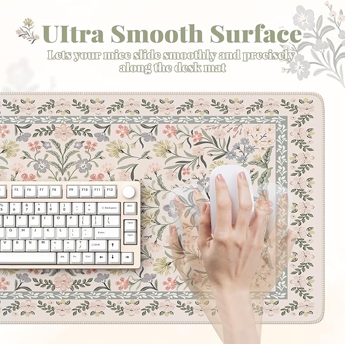 HAOCOO Floral Desk Mat, Large Mouse Pad for Desktop, Big Mouse Pad with Non-Slip Rubber Base, Waterproof Computer Pad with Stitched Edges, Desk Cover Mat for Office (Grey)