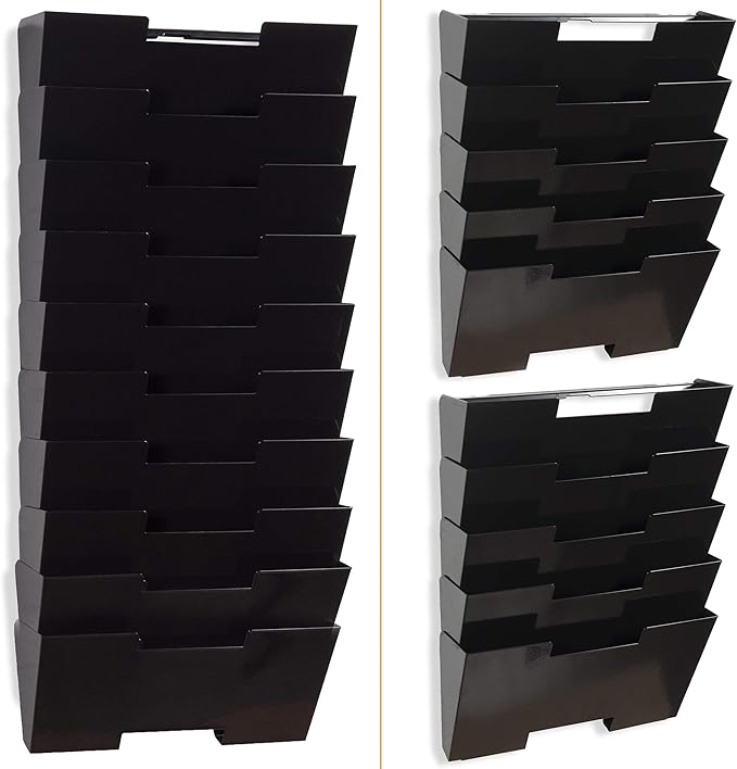 Wallniture Lisbon 10-Tier Wall Mounted File Holder and Desk Organizer, Metal Black Office Organization and Storage Rack