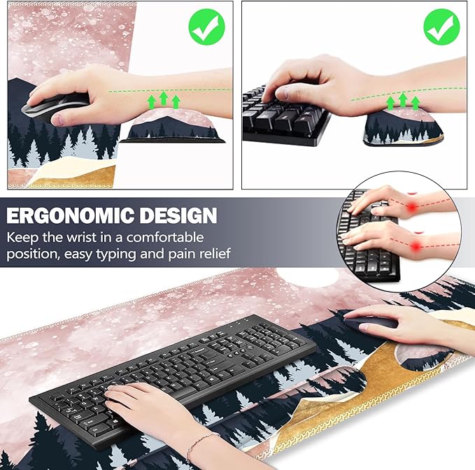 ARTSO Extended Gaming Mouse Pad Set, Keyboard Wrist Rest Support Pad + Wrist Cushion + XXL Large Mouse Pad + Coaster, Stitched Edge, Non-Slip, Memory Foam Desk Mat, Pink Abstract Mountain
