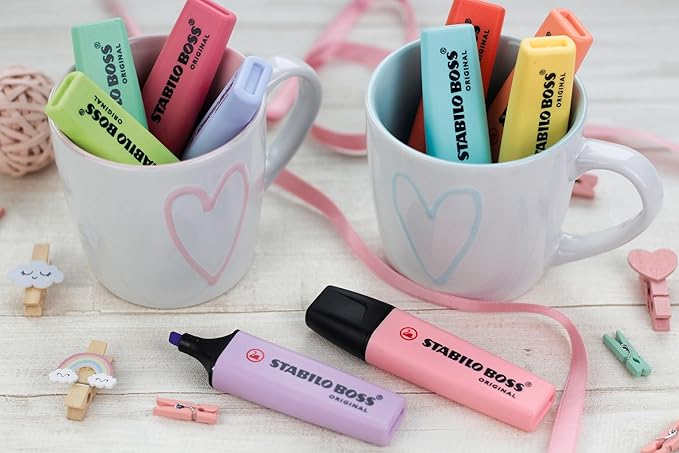 STABILO Highlighter BOSS ORIGINAL Pastel - Pack of 4 - Hint of Mint, Pink Blush, Lilac Haze, Touch of Turquoise, Chisel Tip