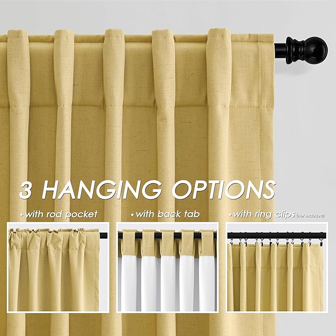 Nanspring Gold Linen Blackout Curtains 108 Inches Long Back Tab Rod Pocket Thermal Insulated Noise Cancelling Full Shading 2 Panels Set for Sliding Door Elegant Modern Curtains Drapes 52x108