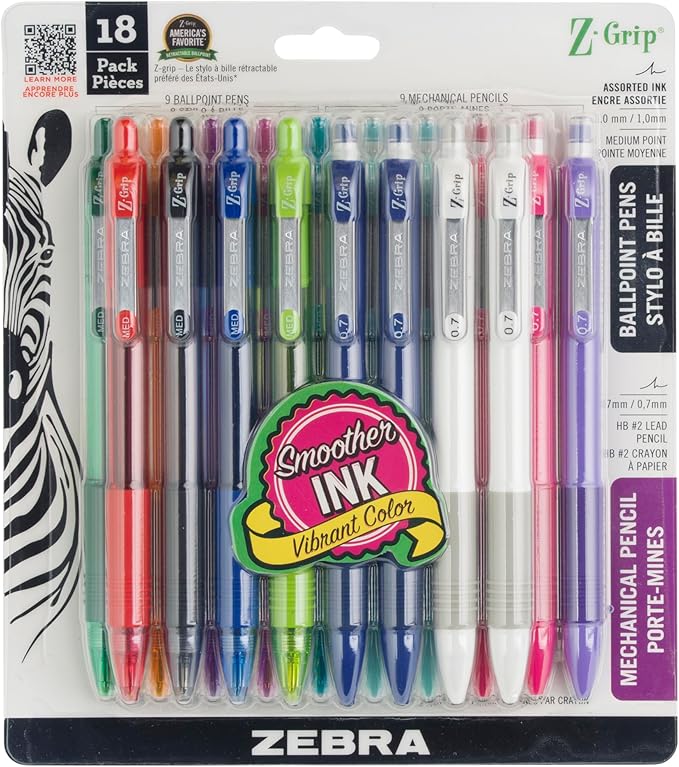 Zebra Pen Z-Grip Retractable Ballpoint Pen and Mechanical Pencil Set, Medium Point, #2 HB Lead Pencils, Assorted Ink Colors, School Supplies, Teacher Supplies, and Office Supplies, 18-Pack (23618)