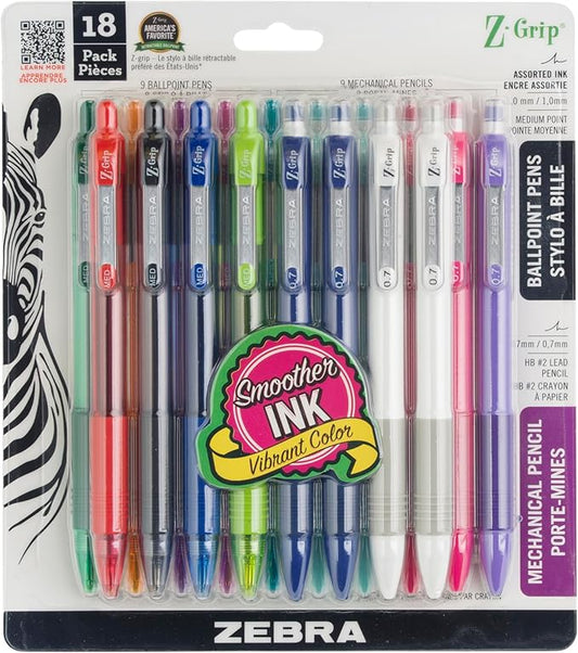 Zebra Pen Z-Grip Retractable Ballpoint Pen and Mechanical Pencil Set, Medium Point, #2 HB Lead Pencils, Assorted Ink Colors, School Supplies, Teacher Supplies, and Office Supplies, 18-Pack (23618)