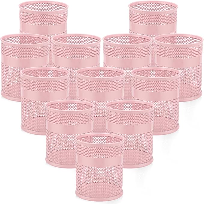 Segarty Pen Holder, 12 Pack Pink Pencil Holder, 3.3 x 3.9 inch Pens Cups, Round Metal Pencils Container Desktop Organizer for Office Supplies, School Classroom, Makeup Brush