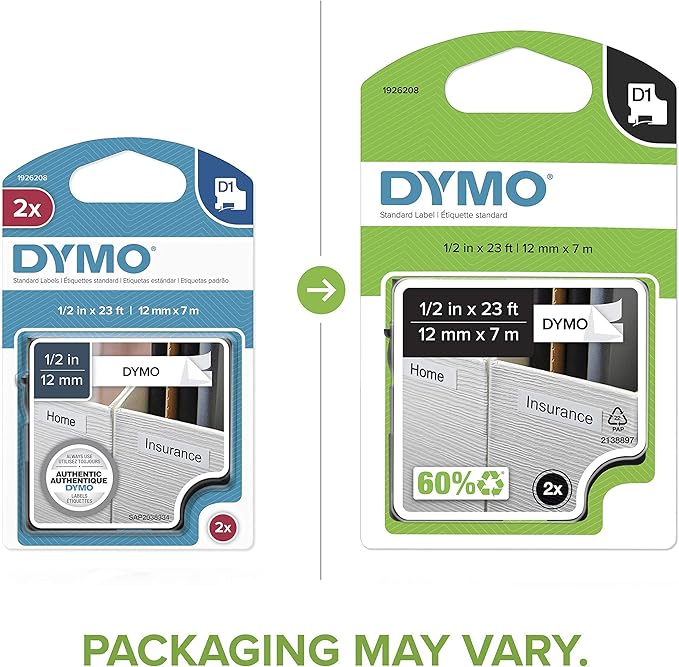 DYMO Authentic D1 Labels 1/2-Inch x 23-Foot Roll Black Print on White Self-Adhesive For LabelManager Label Makers 2-Pack