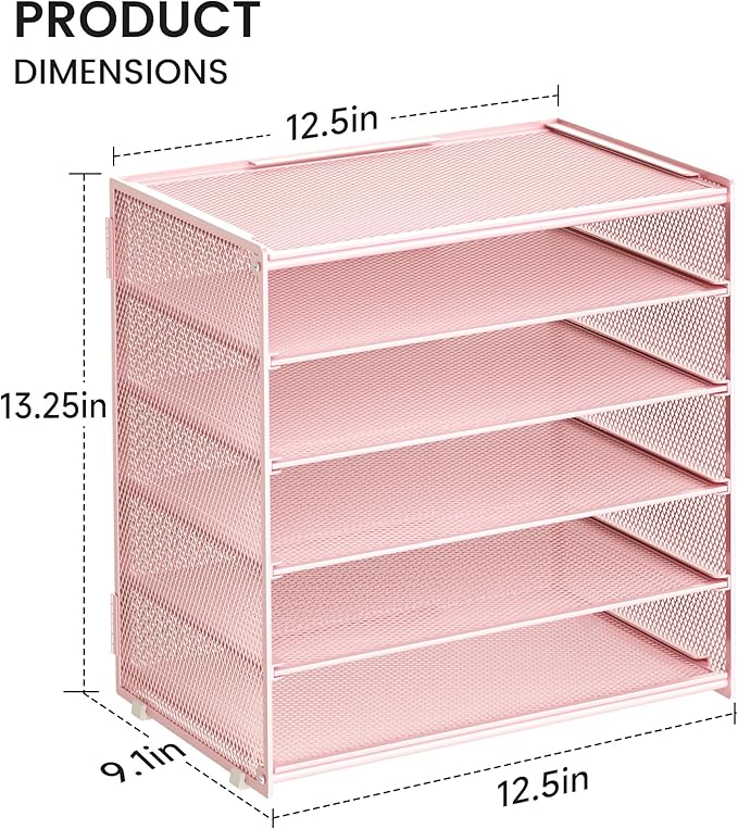 6 Tier Paper Organizer, Metal Mesh Desk File Folder, Letter Tray Organizer, Paper Sorter Desk Organizers for Office, Home or School File Folder Holder - Pink