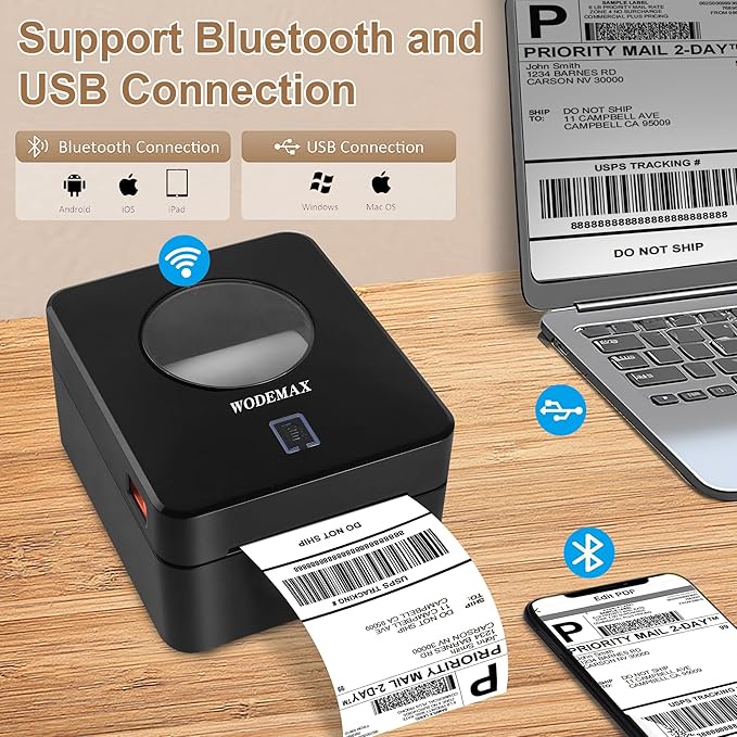 Thermal Shipping Label Printer 4x6 Label Print,Bluetooth Thermal Label Printer,Circle Sticker Printer,Sticker Printer for Small Business,Widely Used for Amazon, Ebay (Black)