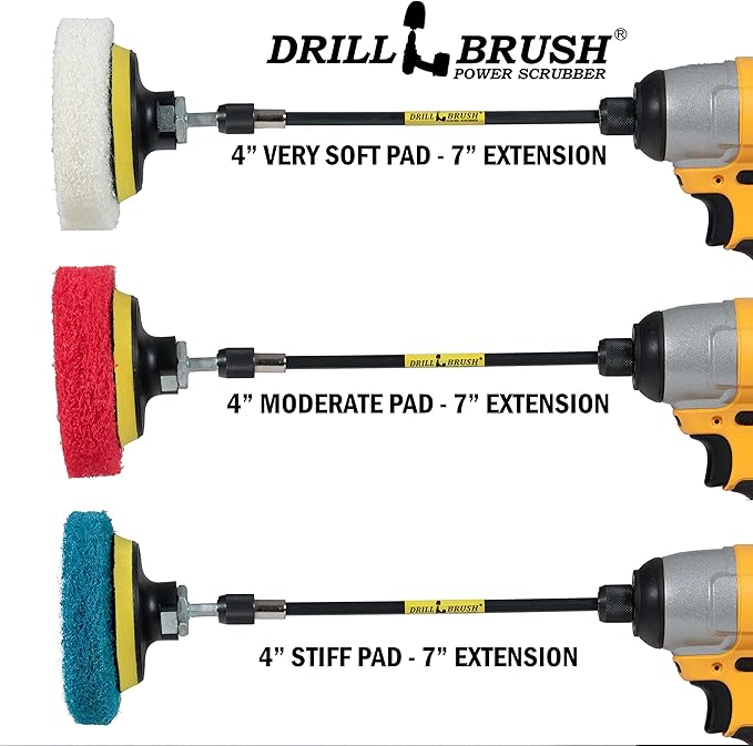 Drillbrush - Rotary Drill Brush Cordless Scrubber - Deck Scrub Brush Kit - Concrete, Marble, Brick, Stone, Ceramic Tile Cleaner Brushes - Bathroom Power Scrubbing Pads - Glass Shower Door Cleaner