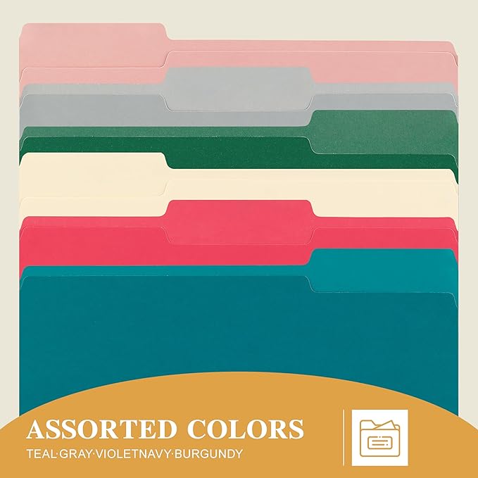 Color File Folders, 1/3-Cut Tabs, Letter Size, Assorted Colors Organizer File Folders for School Home Office Business (120, Assorted Colors)