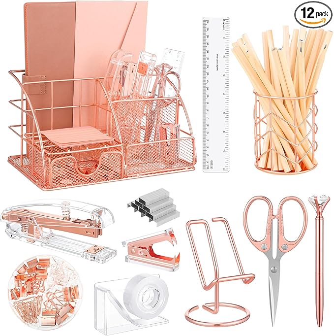 Rose Gold Office Supplies and Accessories, Rose Gold Mesh Desk Organizers with Tape Holder, Tape, Stapler, Staple Remover, 1000pcs Staples, Pen, Pen Holder, Ruler, Phone Holder, Clips, Scissor