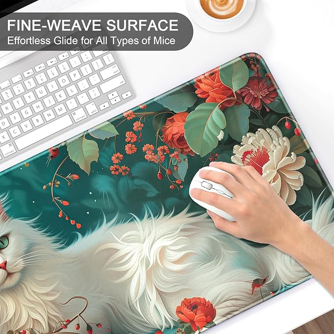 Auhoahsil Large Gaming Mouse Pad, Flower & Cat XXL 35.4 x 15.7 in Desk Pad Stitched Non-Slip Rubber Long Computer Mousepad Thin Extended Full Size Desk Mat for Desktop, Laptop, Wireless Mice