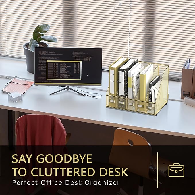 DALTACK Desk Organizers Metal Magazine File Holder with 5 Vertical Compartments Folder Storage Binder Organizer for Office Home School Organization, Gold Plus