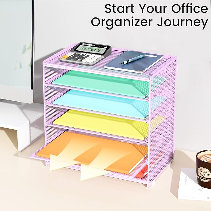 6 Tier Paper Organizer, Metal Mesh Desk File Folder, Letter Tray Organizer, Paper Sorter Desk Organizers for Office, Home or School File Folder Holder - Purple