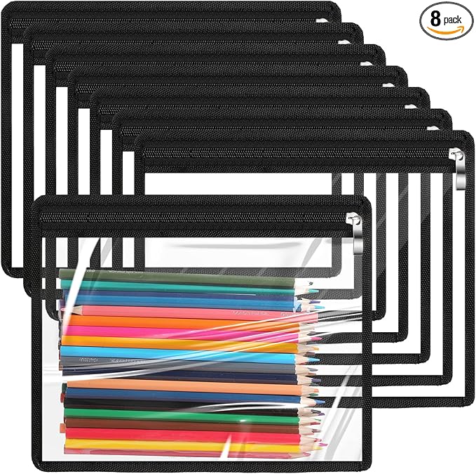 Outus 8 Pcs Clear Zipper Pouches Pencil Pouches PVC Makeup Pouch Envelopes Folder Storage Multi Purpose Pouch Document File Organization Bags, Office Supplies (Black Edging, 9.8 x 8 Inches)