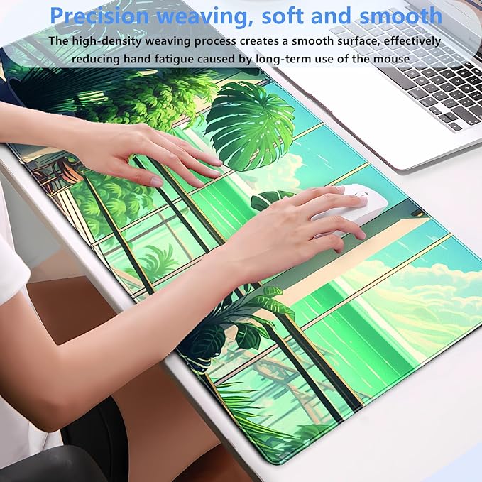 XL Desk Pad Mat, Extended Gaming Mousepad 31.5 x 15.7 in, Non-Slip Computer Mat with Stitched Edges, Green Tropical Plants Design for Desk, Keyboard & Mouse