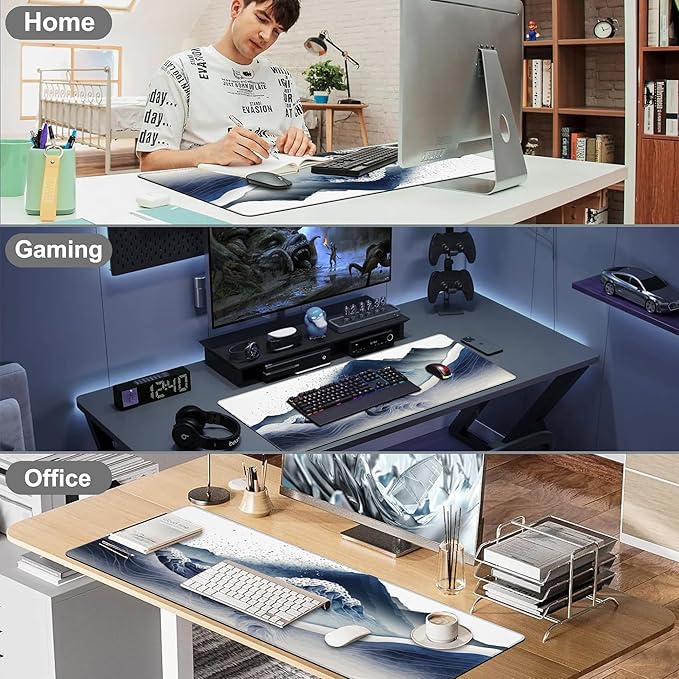 Mouse Pad, Large Watercolor Majestic Mountains Desk Mat, Extended Non-Slip Gaming Keyboard Mousepad Desk Pad, Thick Stitched Edges Waterproof Mouse Mat 31.5"x15.7" (Luxurious Mountainous Terrain)