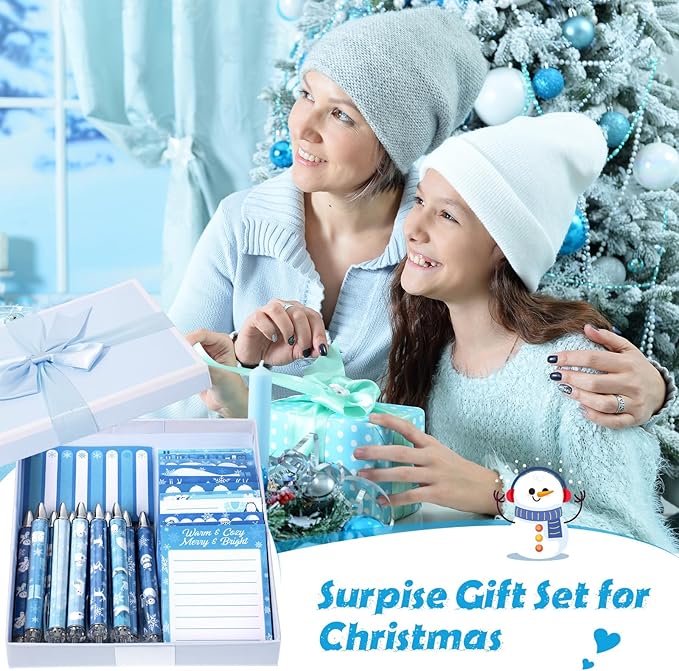 24 Pcs Blue Christmas Sticky Notes with Pens Winter Themed Gifts Self Adhesive Notepad Cute Memo Note Pads Black Ink Ballpoint Pen for Holiday Gifts Office School Student Teacher Supplies