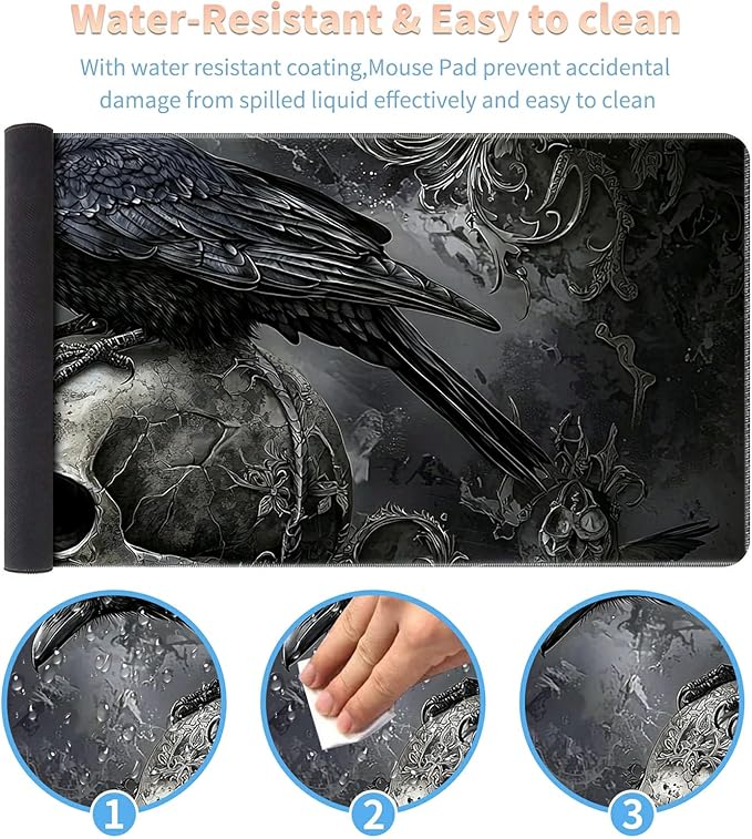 Desk Mat Large Gaming Mouse Pad (31.5x11.8 inch) with Stitched Edges, XL Mouse Pad +Coaster, Extended Mouse Mat Keybroad Mousepad Non-Slip Rubber for Gamer Men Women, Dark Raven Skull