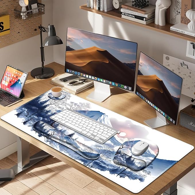 4 in 1 Large Mouse Pad, Keyboard Wrist Rest Set, Ergonomic Mouse Pad with Wrist Support, Desk Mat with Stitched Edges Extended Desk Pad Waterproof Desk Mat for Home Office Game I Snowy Mountain Sun