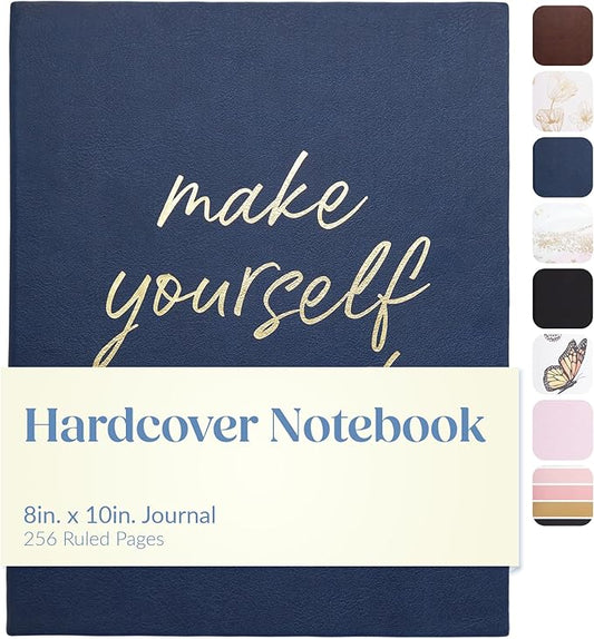 Eccolo Large Lined Journal Notebook, Hardbound Cover, Writing Journal, 256 Ruled Ivory Pages, Ribbon Bookmark, Lay Flat, Desk Size, Make Yourself A Priority (Navy Blue, 8x10 inches)