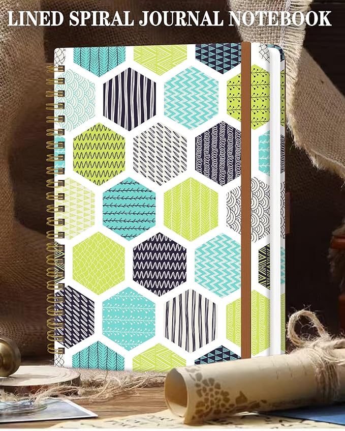 WLPFSAHF Spiral Journal Notebook for Women, Hardcover A5 College Ruled Notebook, 120 Pages, Thick Paper, Cute Lined Journal for School, Office & Work, 6 x 8.4 in(Green Geometric)