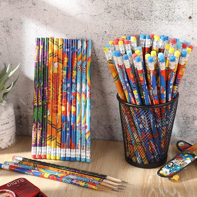 Handepo 72 Pcs Attendance Pencils with Eraser Bulk Assorted Wooden Pencils Student Carnival Prize Educational and Learning Activities Office Supply, 4 Style