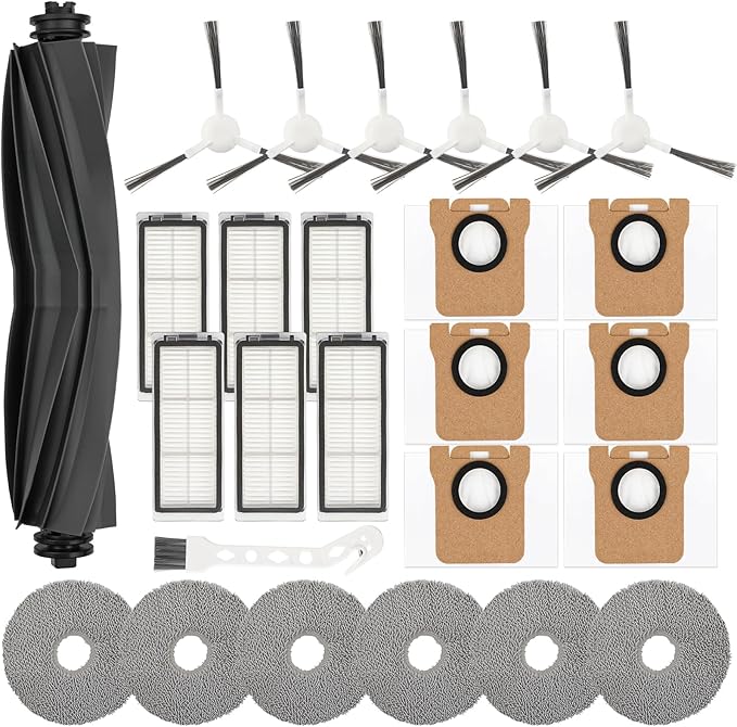 26 PCS Replacement Parts for Dreame L20 Ultra/ L20 Ultra Complete, L30 Ultra/ L30 Ultra Complete Vacuum Cleaner 1 Main Brush 6 Dust Bags 6 Mop Pads 6 HEPA Filters 6 Side Brushes 1 Cleaning Brush