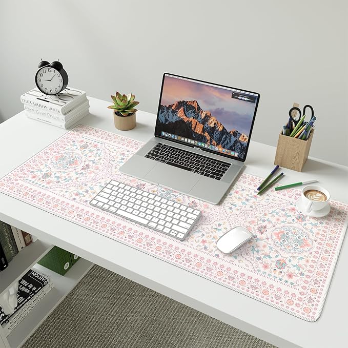 HAOCOO Pink Desk Mat, Non-Slip Office Table Mat, Aesthetic Mouse Pad with Stitched Edge, 35.4" x 15.7" Long Mouse Pad, Waterproof Dorm Desk Mat for Writing, Drawing