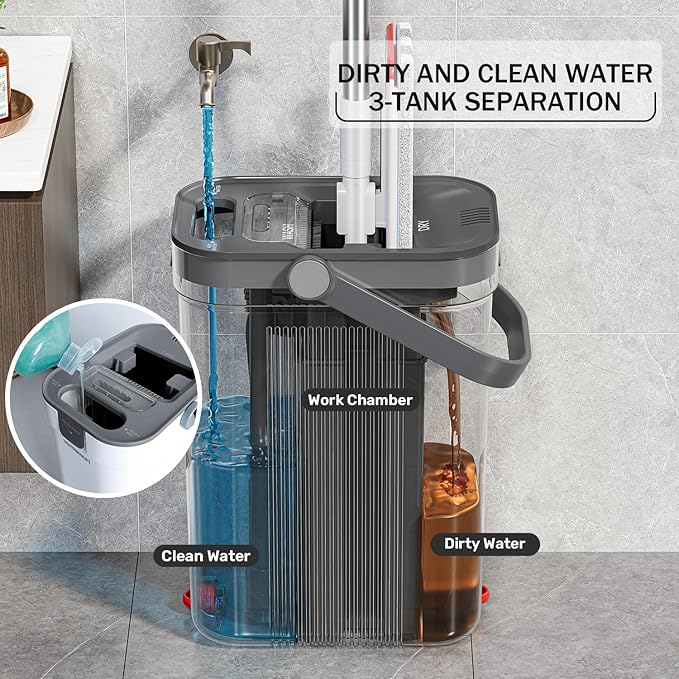 Mop and Bucket Set, Flat Mop and Bucket System with Separate Dirty and Clean Water, 3-Compartment Wall Cleaner Mop, Flat Mops for Floor Cleaning with 6 Microfiber Pads