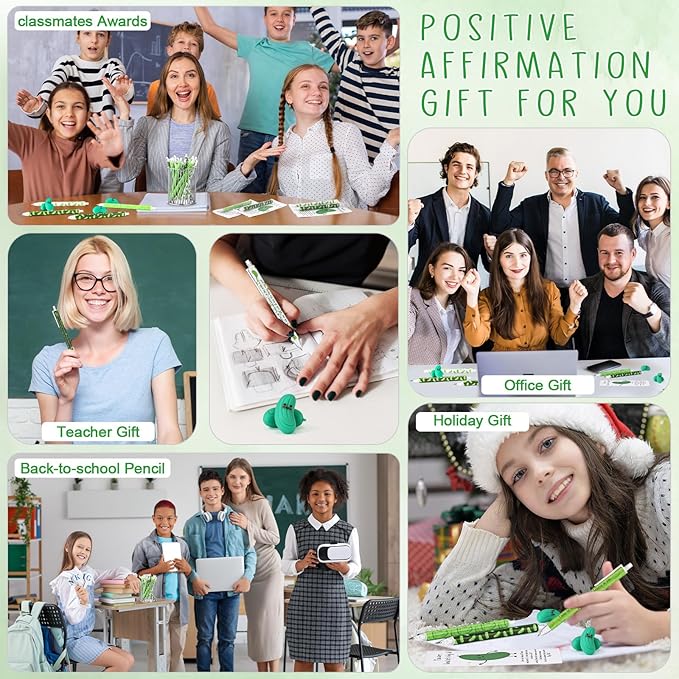 30 Sets Christmas Inspirational Gifts Pickle Pencils Bulk 6 Styles 0.7 mm Mechanical Pencils with Erasers Positive Cards for Xmas Holiday Student Teacher Coworker School Office Supplies