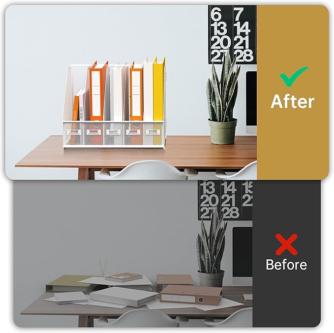 DALTACK Desk Organizers Metal Magazine File Holder with 5 Vertical Compartments Folder Storage Binder Organizer for Office Home School Organization, White Plus