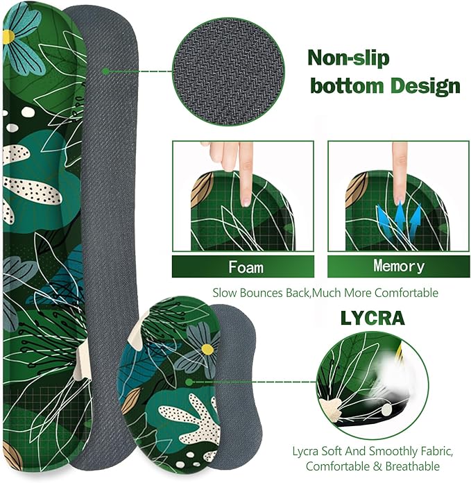 ARTSO Large Mouse Pad Wrist Rest Set,Extended Desk Mat+Keyboard Wrist Rest+Mouse Wrist Support+Coaster, 4in1 Non-Slip Desk Protector Pad Blotter for Home Office-Green Leaves Flowers Abstract