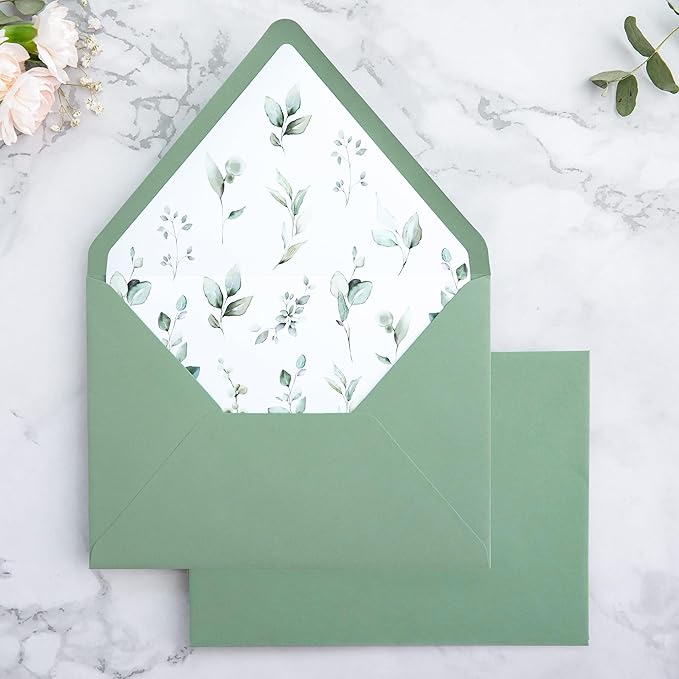 PONATIA 50PCS A7 Euro Flap Envelope, 5.25 x 7.25'' Sage Green Flowers Liner Envelopes for Wedding Invitations, Photos, Postcards, Greeting Cards, Christmas Gift, Acrylic Mailing