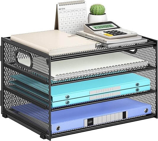 Subekyu Paper Letter Tray Organizer for Desk, Black Metal Mesh Desk File Sorter Organizer with Handle and 2 Sliding Trays for Home Office School Supplies Organization