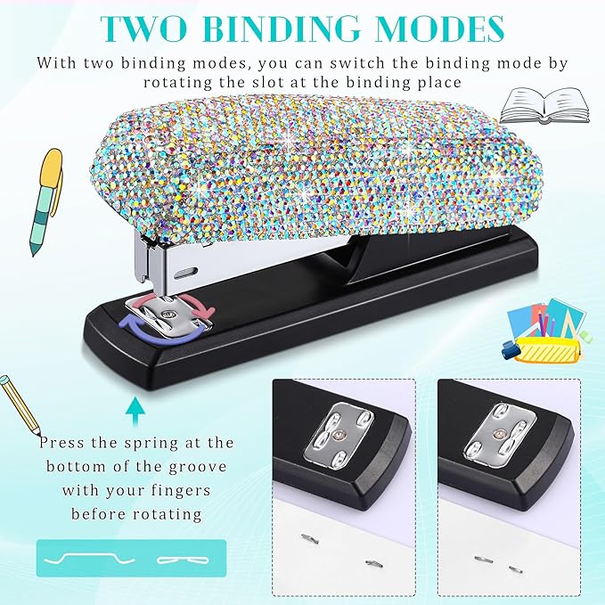 Yexiya Bling Crystal Stapler Gift Sparkly Diamond Stapler for Desk Handmade Clay Rhinestone Machine Pretty Office Stationery Kit Stylish Accessory for Women Lady Christmas(AB Color)