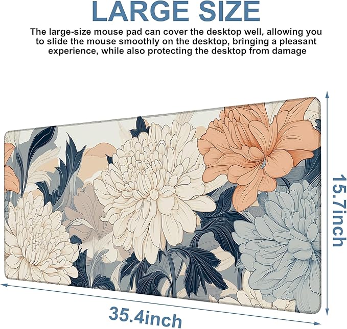 Beautiful Chrysanthemum Gaming Mouse Pad 3mm Thick Stitched Edge Waterproof Non-slip Large Computer Keyboard Mouse Mat,Suitable for Office Entertainment Decorative Desk Pad 35.4 x 15.7 Inches