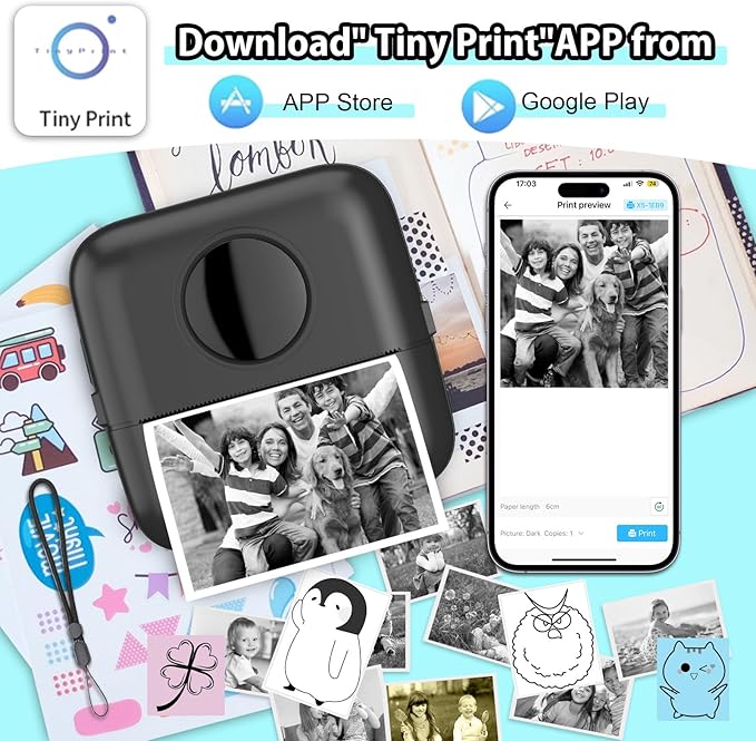 HuiJuKeJi Mini Sticker Printer Bluetooth Smart Pocket Inkless Thermal Printer with 11 Rolls Thermal Paper and Sticker for iOS&Android, Portable Receipt Printer for Photo Journal Notes Memo